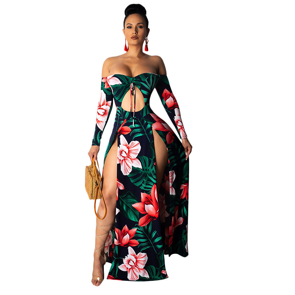 Women Printed Cutout Holidays Long Sleeve Off Shoulder Lace-Up Dress 6