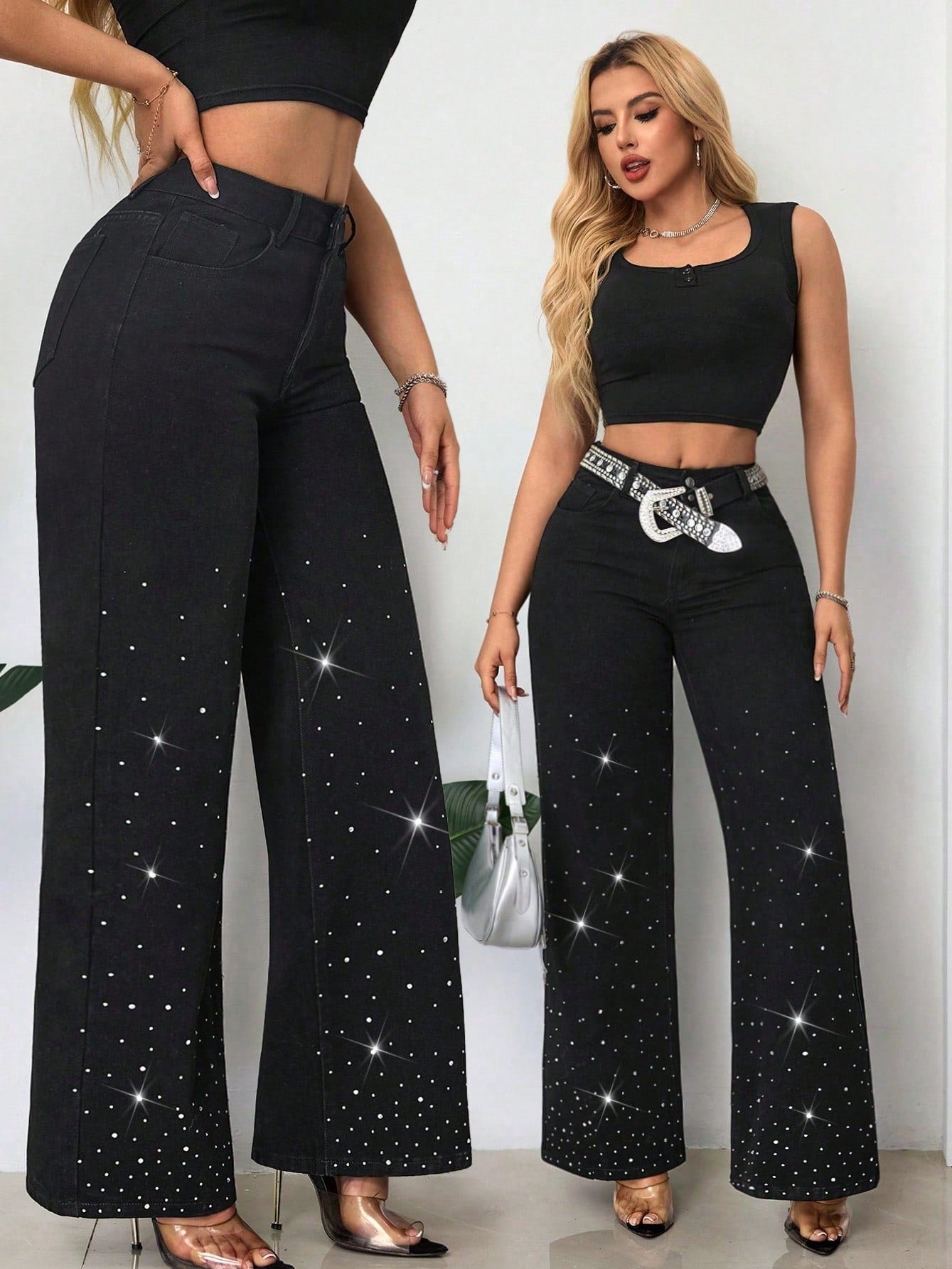 Beaded Women Street Loose Wide Leg Trend Denim Pants