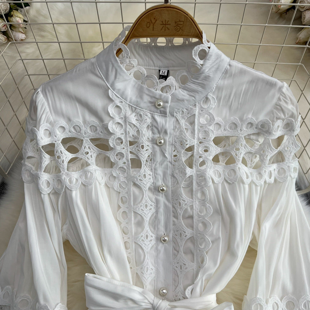 Lantern Sleeve Stand Collar Smocked Waist Button-Front Elegant Gown 6