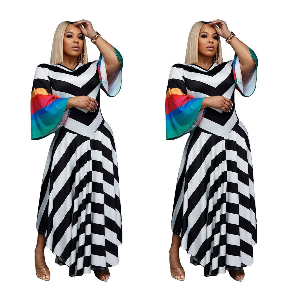 Women's Fashion V Neck Bell Bottom Sleeves Contrast Color Maxi Dress Slim Waist Dress 14