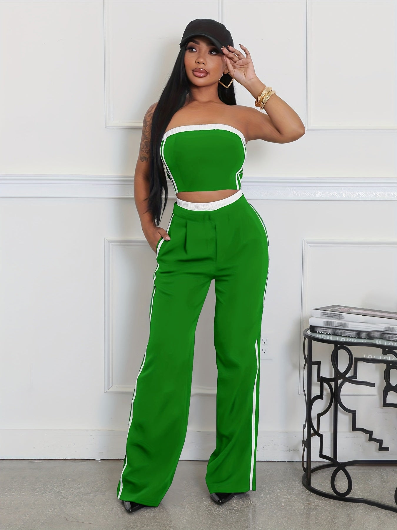 Summer Fashion Strapless Top Wide Leg Loose Pants Set 7