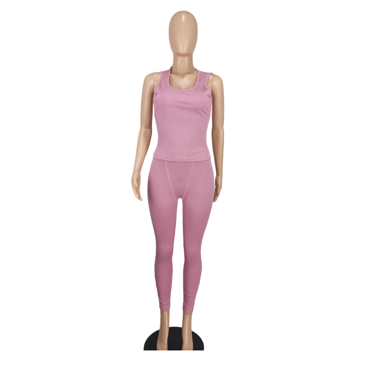 Women's Fashion Ribbed Solid Color Vest Tight Fitting Pants Two-Piece Set 12