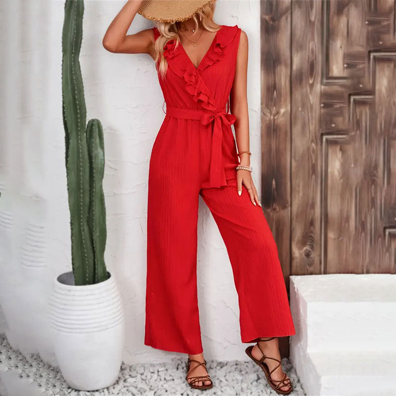 Women's Ruffled Straight Wide Leg Belt Sleeveless Casual Jumpsuit 7