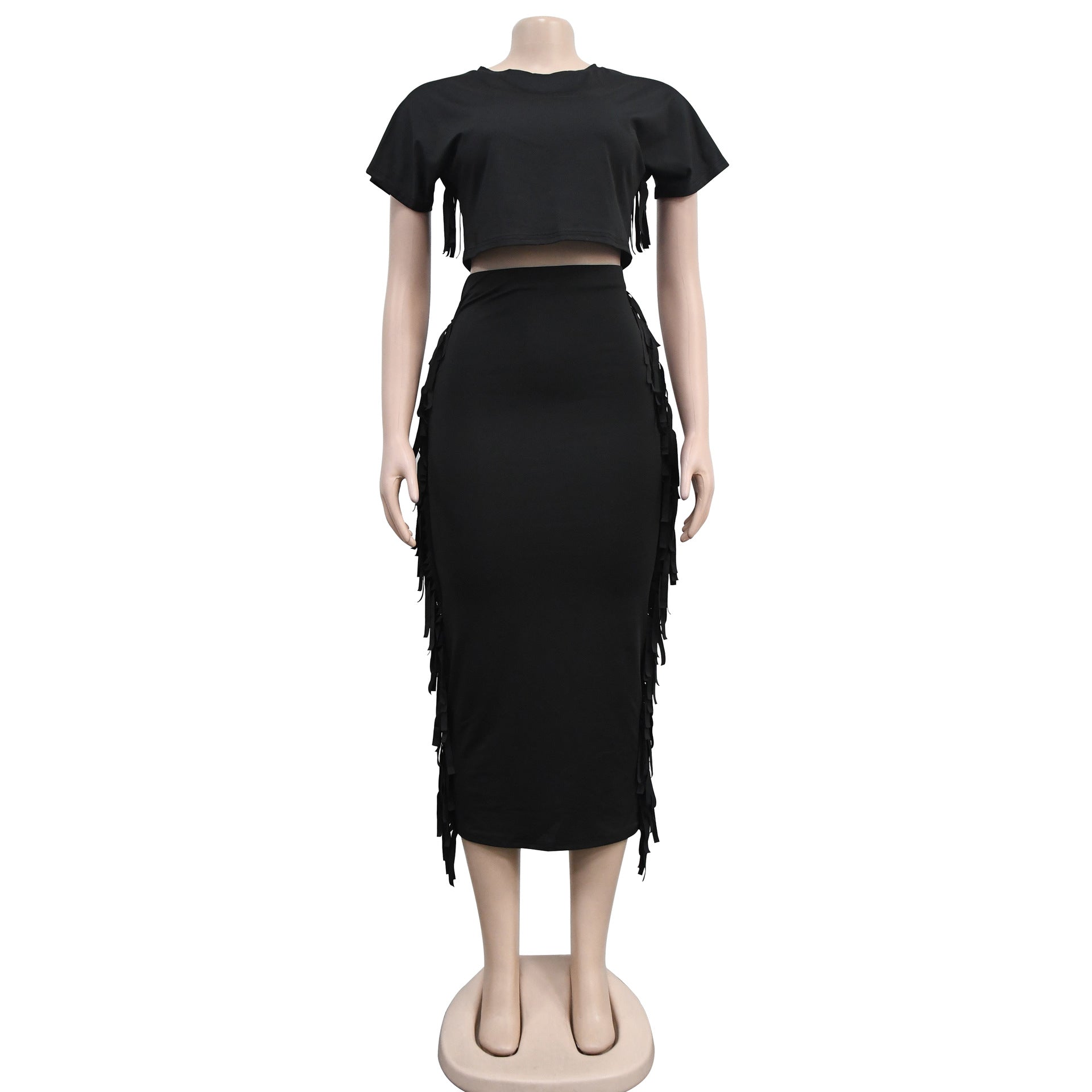 Women Solid Tassel Round Neck Short Sleeve Top and Long Dress Two-Piece Set 21