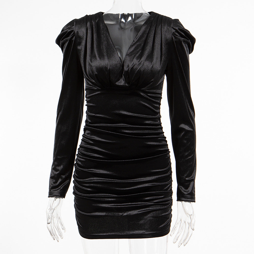 Women sexy V Neck collar long sleeve pleated Bodycon velvet dress 8