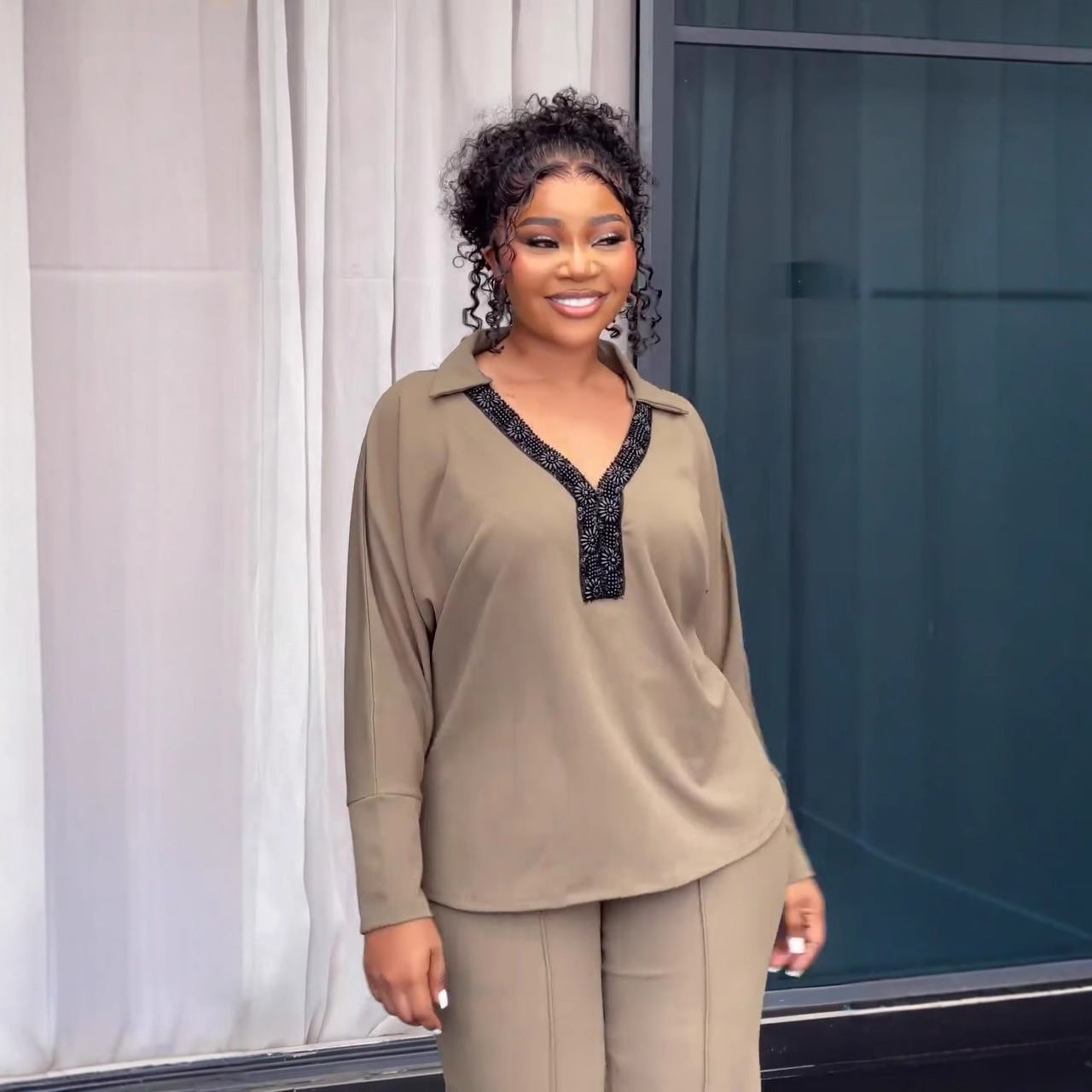 Women Elegant Career Casual V-Type Turndown Collar Long Sleeve Top and Pant Two Piece 5