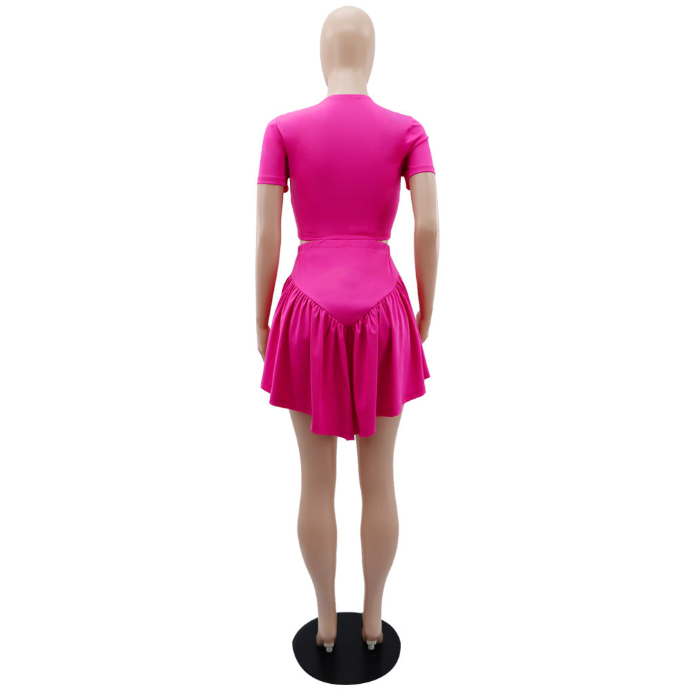 Tight Fitting Short T-shirt High Waist Casual Simple Irregular Skirt Two-piece Set 21