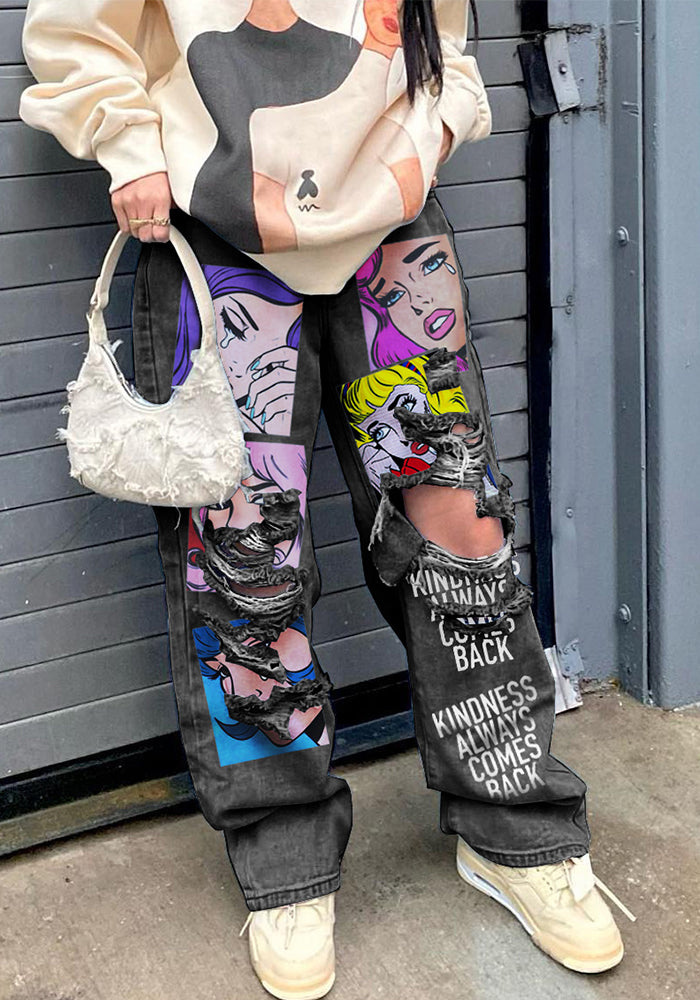 American Retro High Street Printed Wash Denim Pants Casual Women Wide Leg Jeam