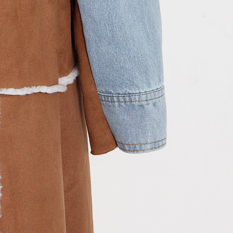 Women Autumn/Winter Turndown Collar Long Sleeve Lace-Fly Lamb Maxi Colorblock Denim Coat 21