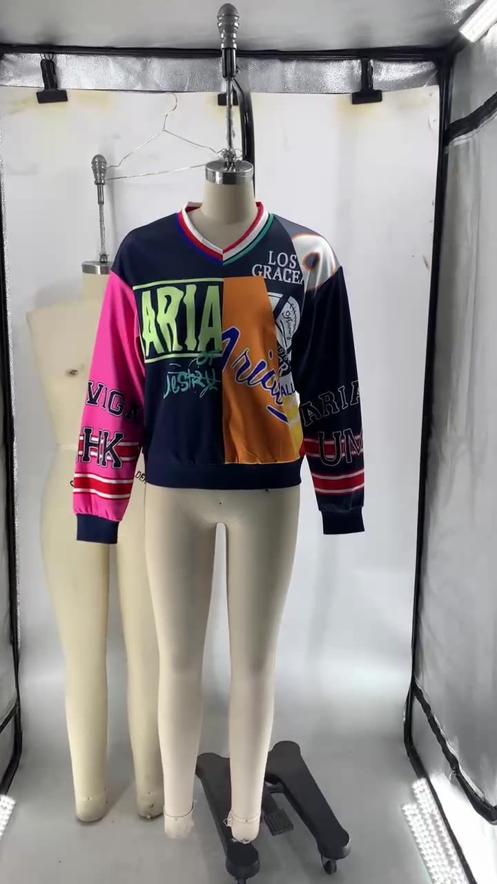 Women Casual V-Neck Patchwork Contrast Letter Print Loose Top 6