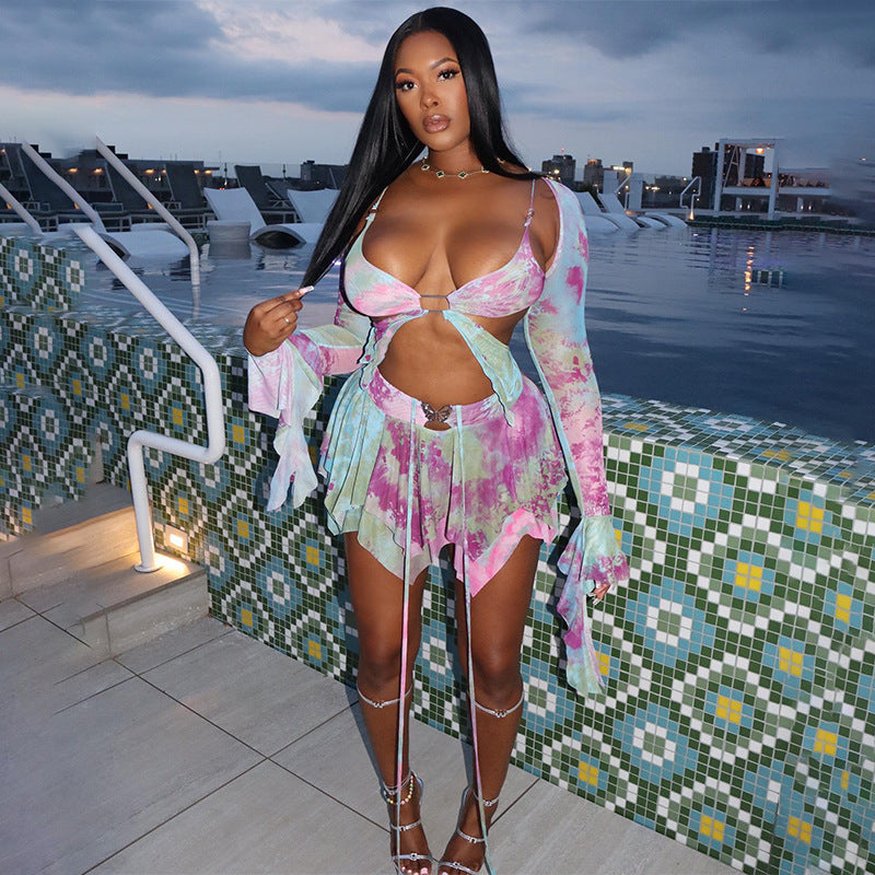 Women spring long-sleeved lace-up printed sexy irregular Top and Mini Skirt two-piece set
