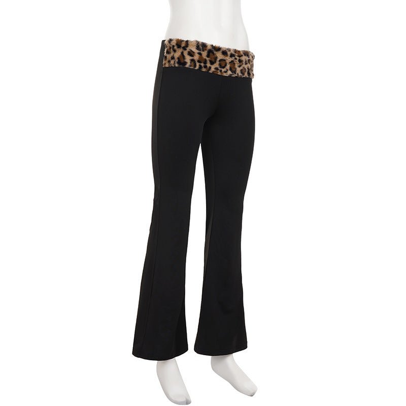 Women Fall/Winter Fuzzy Leopard Print Off-The-Shoulder Long-Sleeved Patchwork Casual Pants Two-Piece Set 23