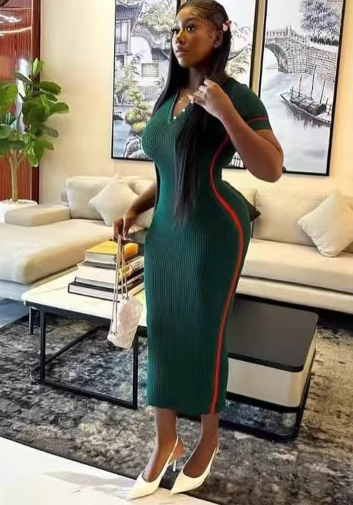 Women's Fashion Turndown Collar V-Neck Short Sleeve Knit Midi Dress