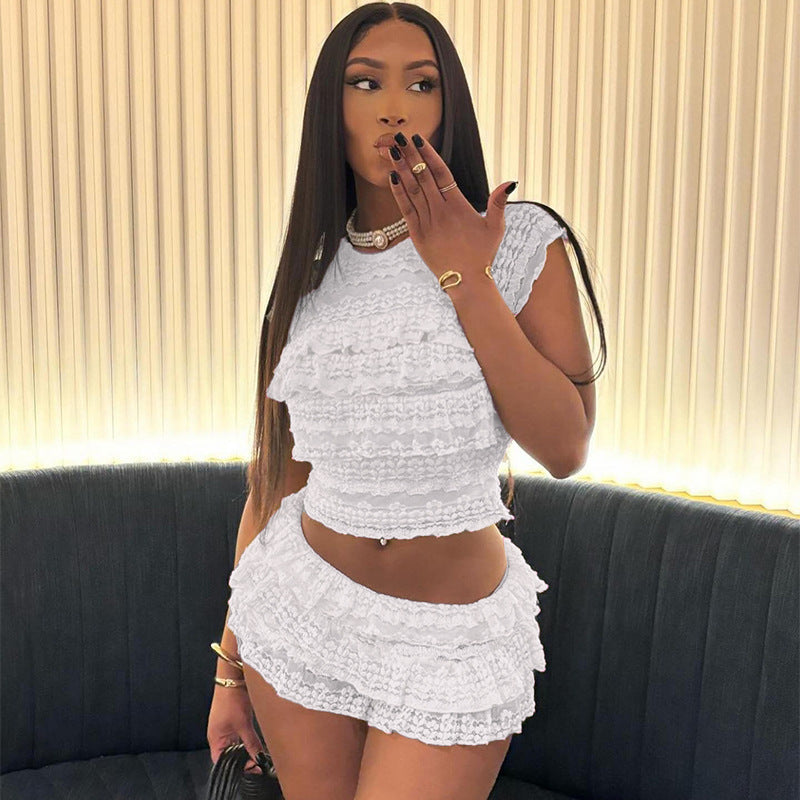 Summer Fashion Chic Sweet Solid Color Hollow Slim Pleated Two Piece Shorts Set For Women 5