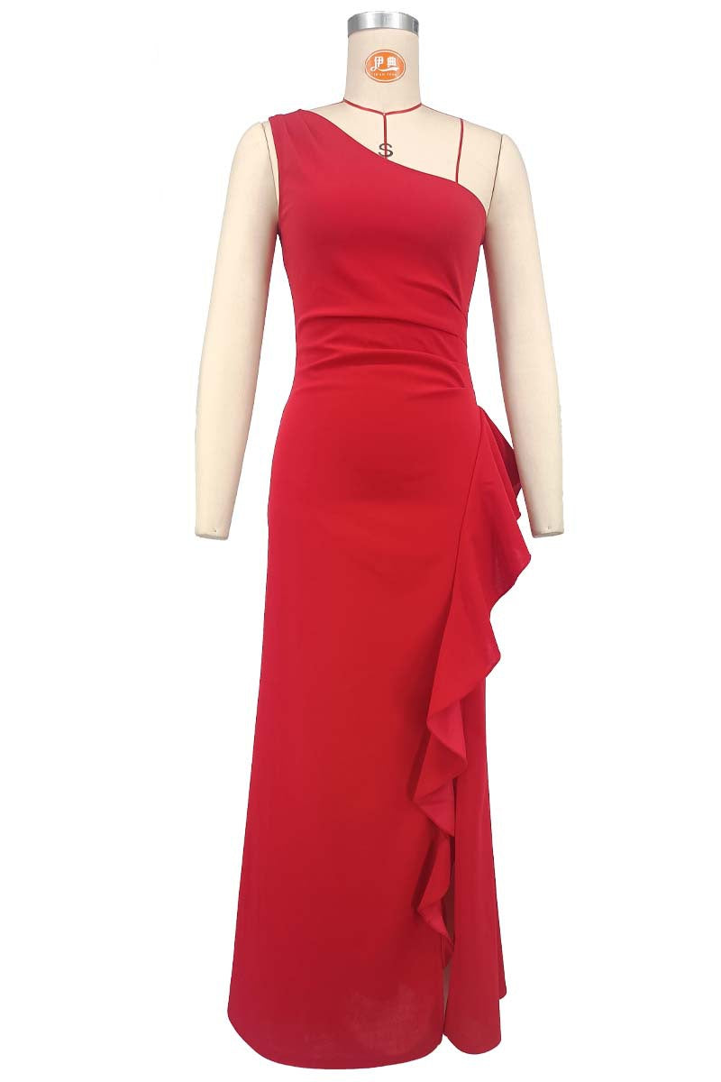 One-Shoulder Chic Elegant Solid Color Slim Waist High-Slit Side Ruffles Mermaid Evening Gown 11