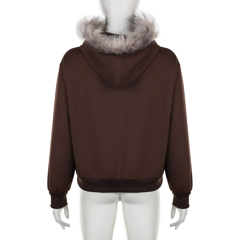 Winter Plush Hooded Badge Print Retro Jacket Loose Plus Size Casual Zipper Hoodies 12