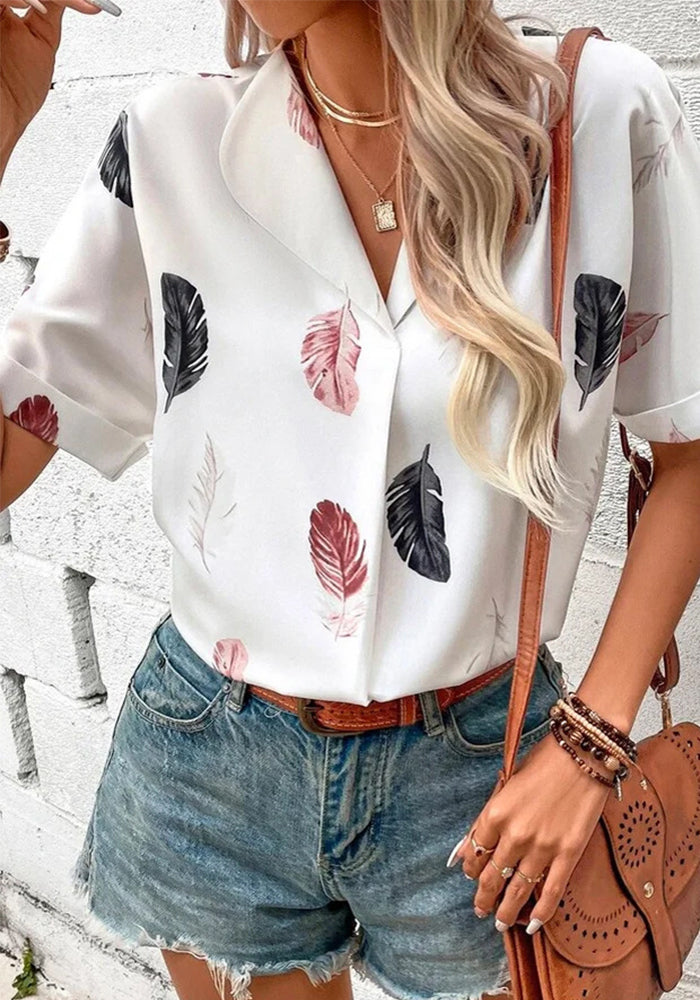 Spring And Summer Women's Turndown Collar Feather Print Shirt