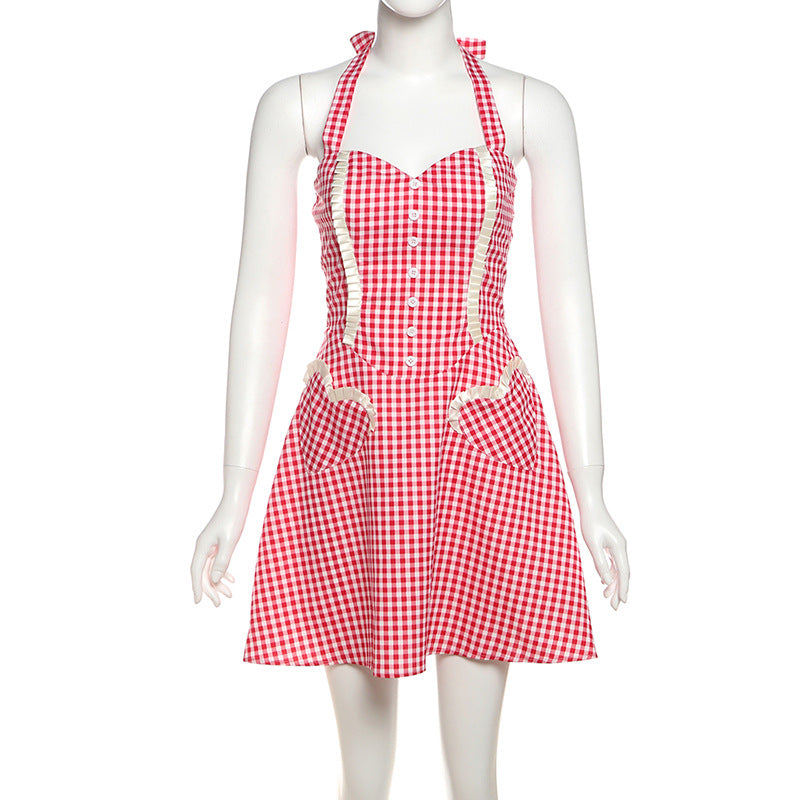 Summer women's clothing sexy Halter Neck contrast color slim Slim Fit Lace-Up plaid dress 9