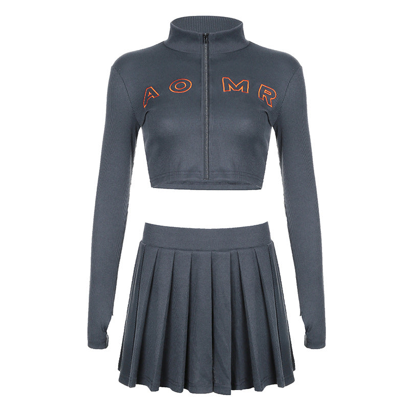 Embroidered Letter Half Turtleneck Crop Zipper Top + High Waist Pleated Skirt Casual Sports Two Piece Set For Women 7