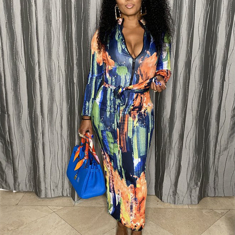 Women's Zipper Printed Long Sleeve Slim Dress With Belt 7