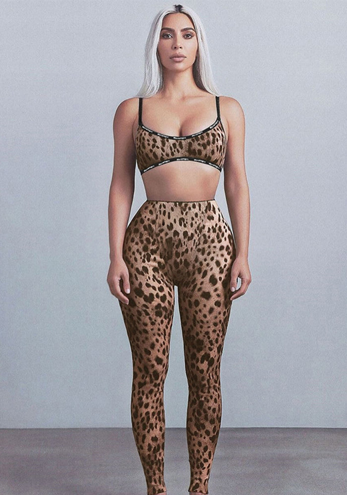 Women Spring Sexy Leopard Top and Pants Two-piece Set