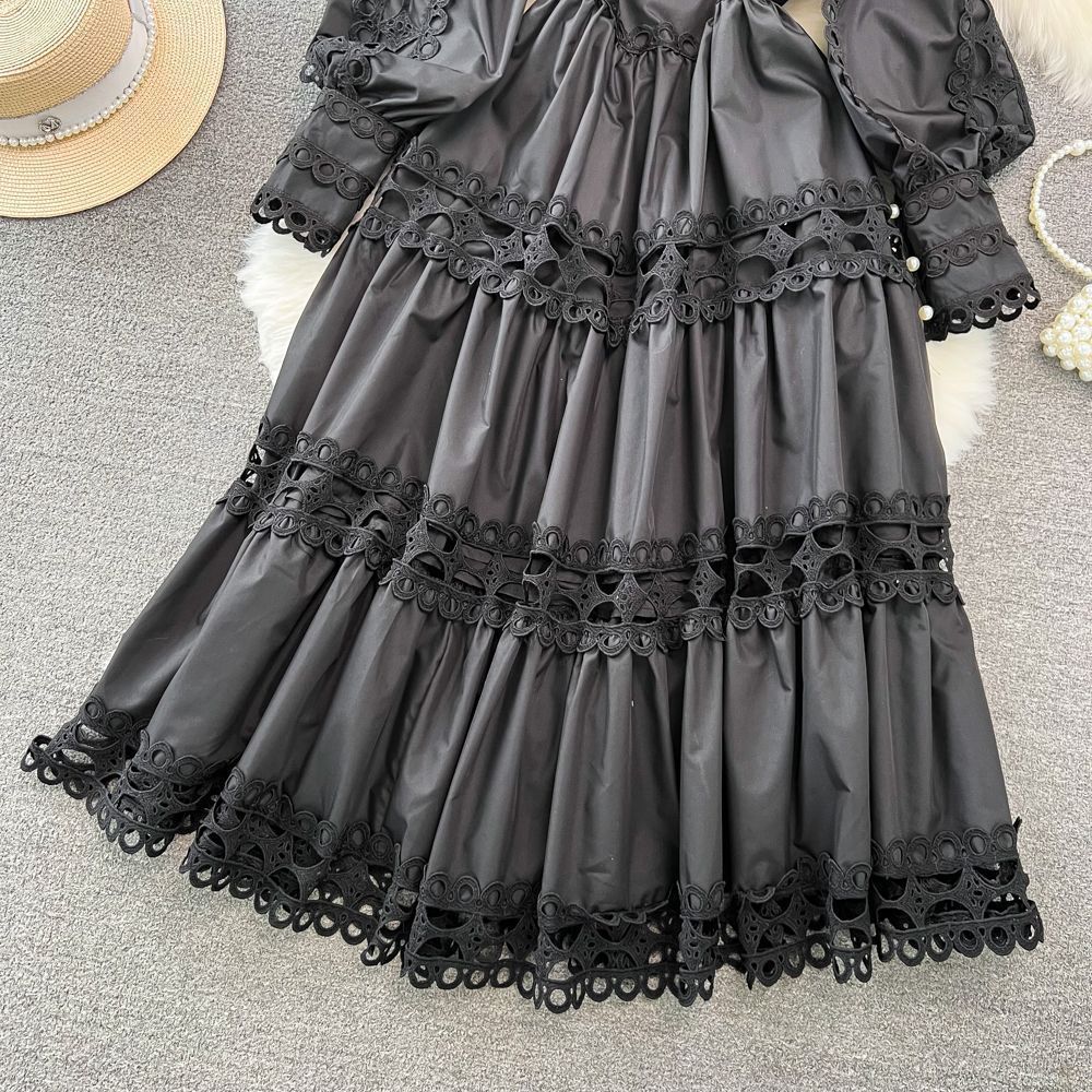 Spring Autumn Retro Chic Lantern Long Sleeve Lace Hollow Patchwork Round Neck Slim Waist Casual Dress 32