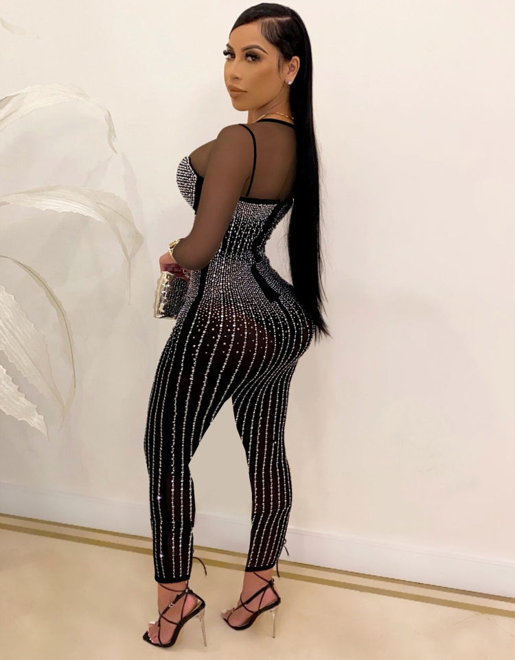 Winter Sexy Black rhinestone Beaded Patch Long Sleeve Jumpsuit