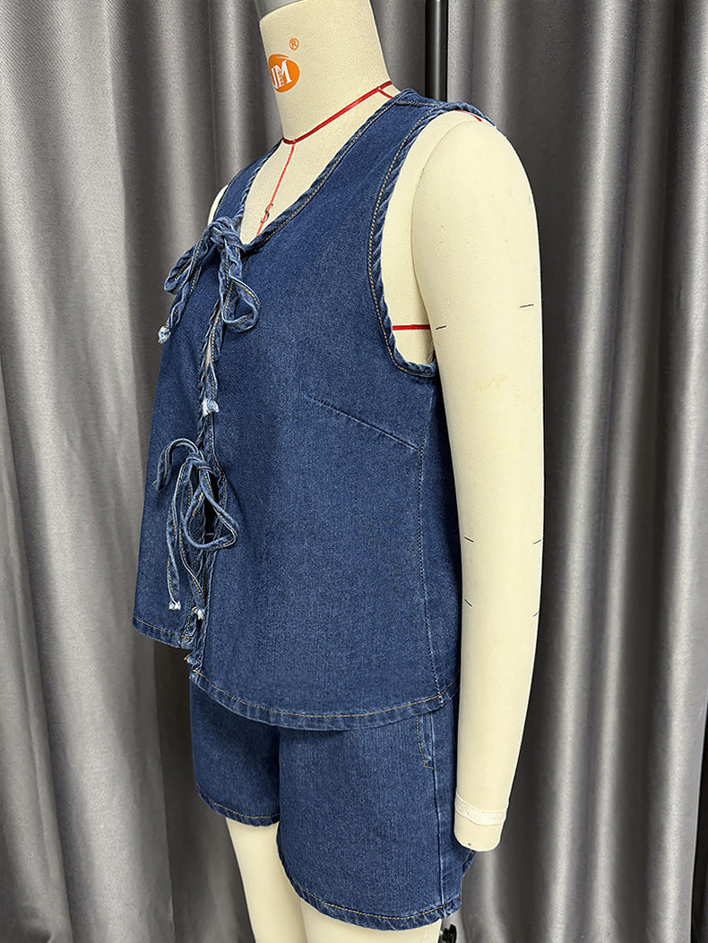 Women summer sleeveless lace top and denim shorts two-piece suit 17