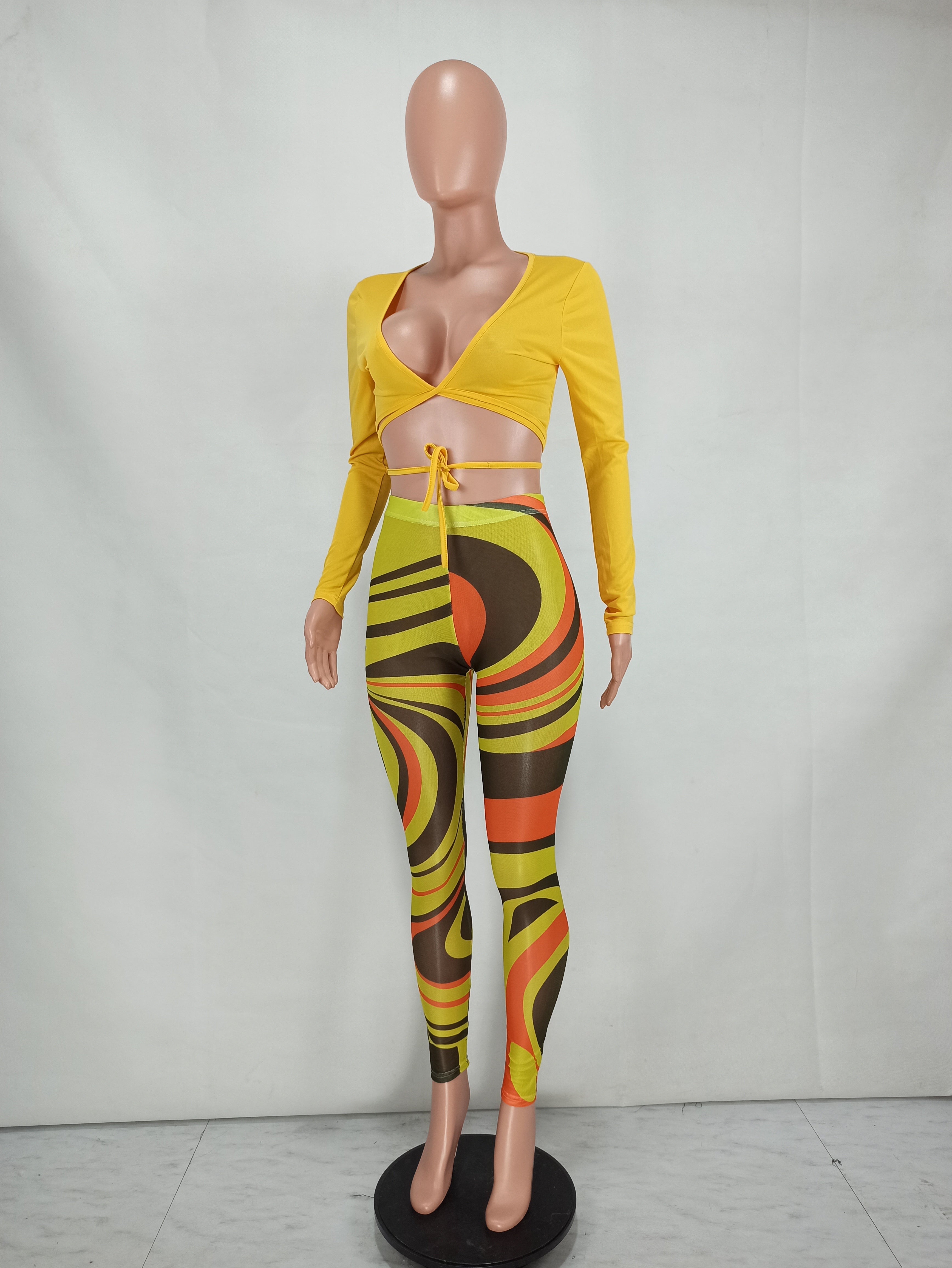 Fall Sexy Yellow Wrap Tied Long Sleeve Crop Top and Printed Tight Pants Set 4
