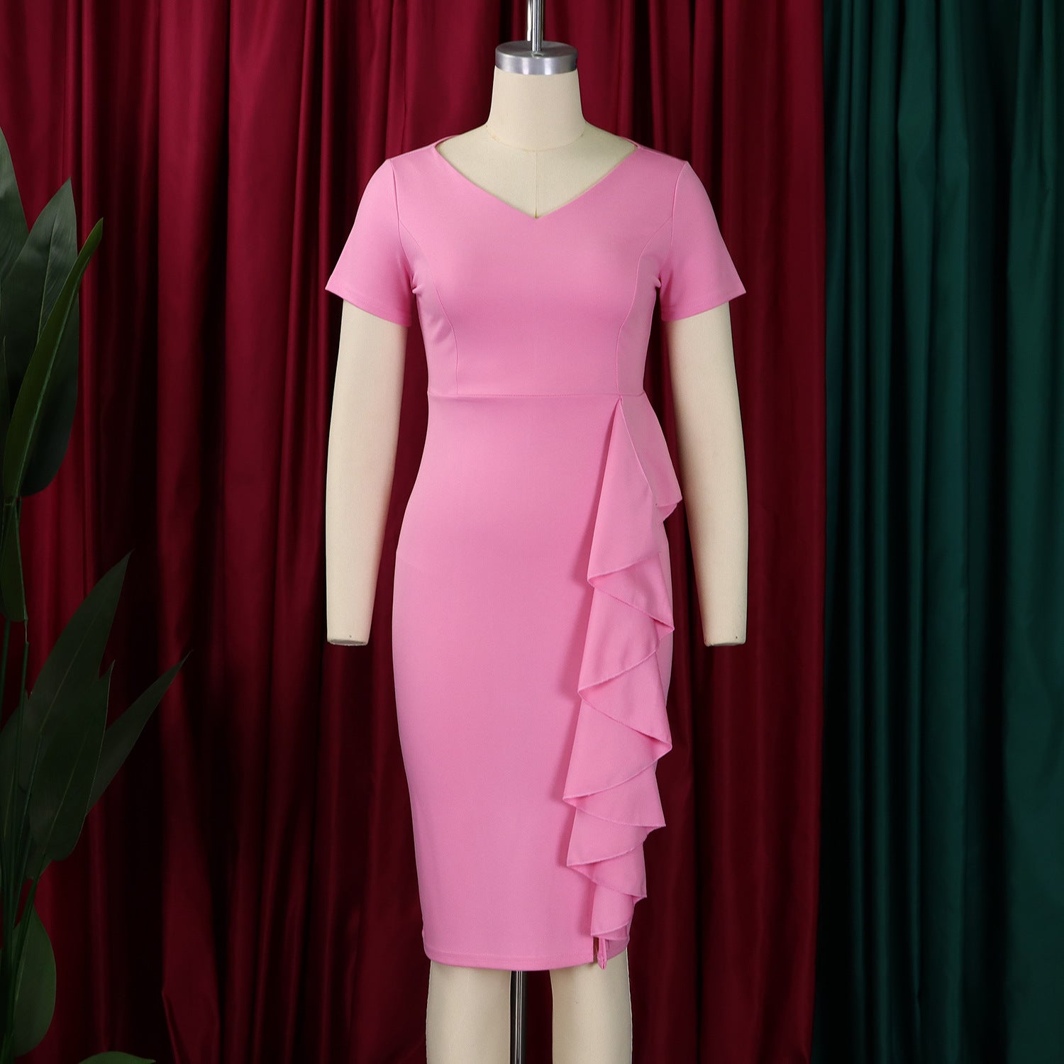 Plus Size Women Short Sleeve Solid Bodycon Ruffled African Dress 11