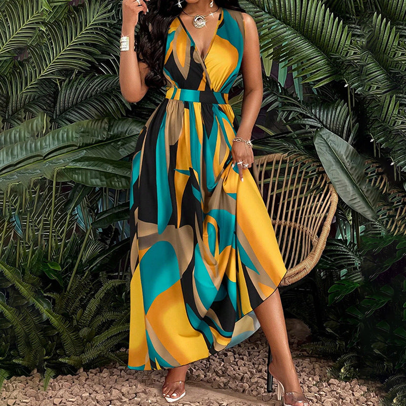 Women's Spring Printed Sleeveless Slim Waist Maxi Dress 3