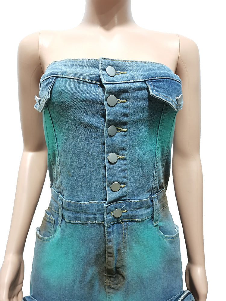 Women Sexy Strapless Off-Shoulder Tie-Dye Slit Cargo Denim Dress 12