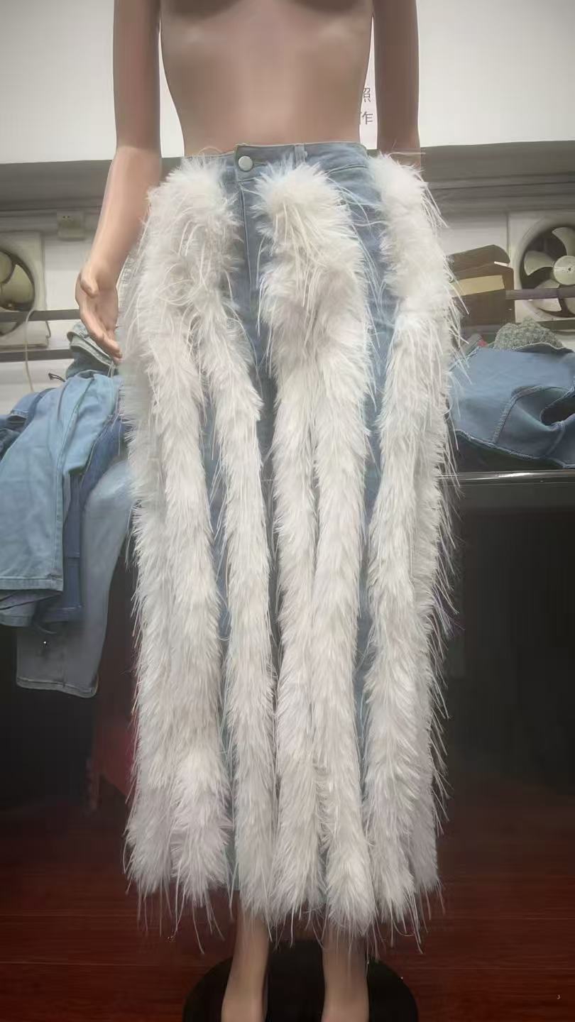 Women Fashion Furry Flowing Denim Pants 7