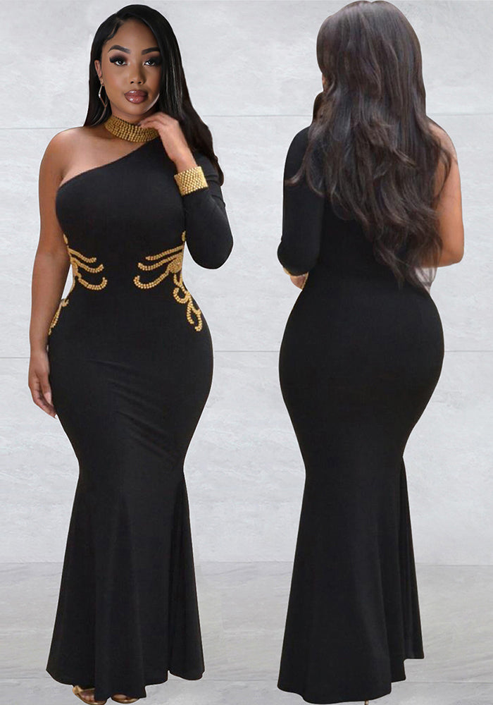 Women Black Halter Neck Beaded One Shoulder Long Sleeve Ball Dress