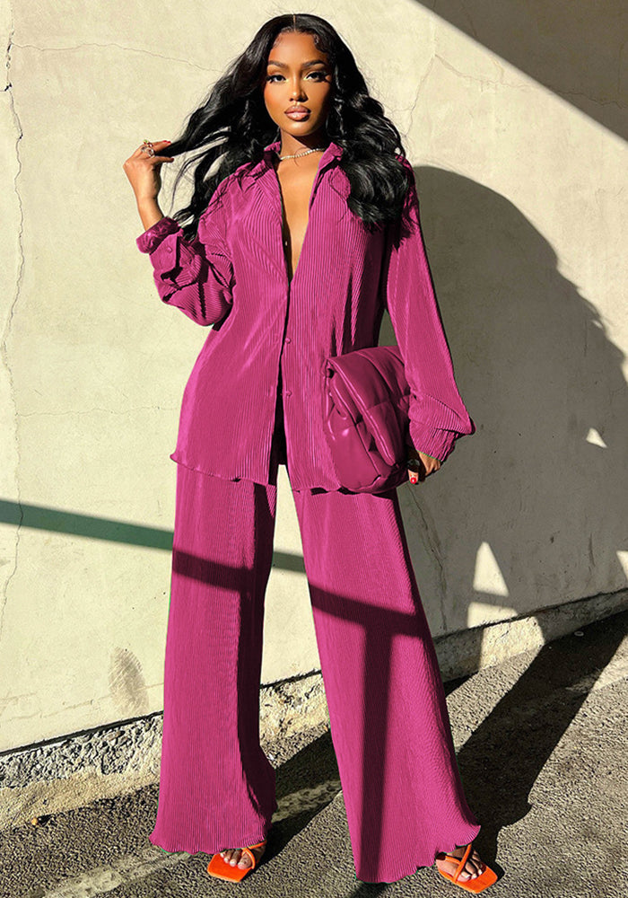 Women Clothing Autumn/Winter Solid Pleated Long Sleeve Top and Pant Two-Piece Set