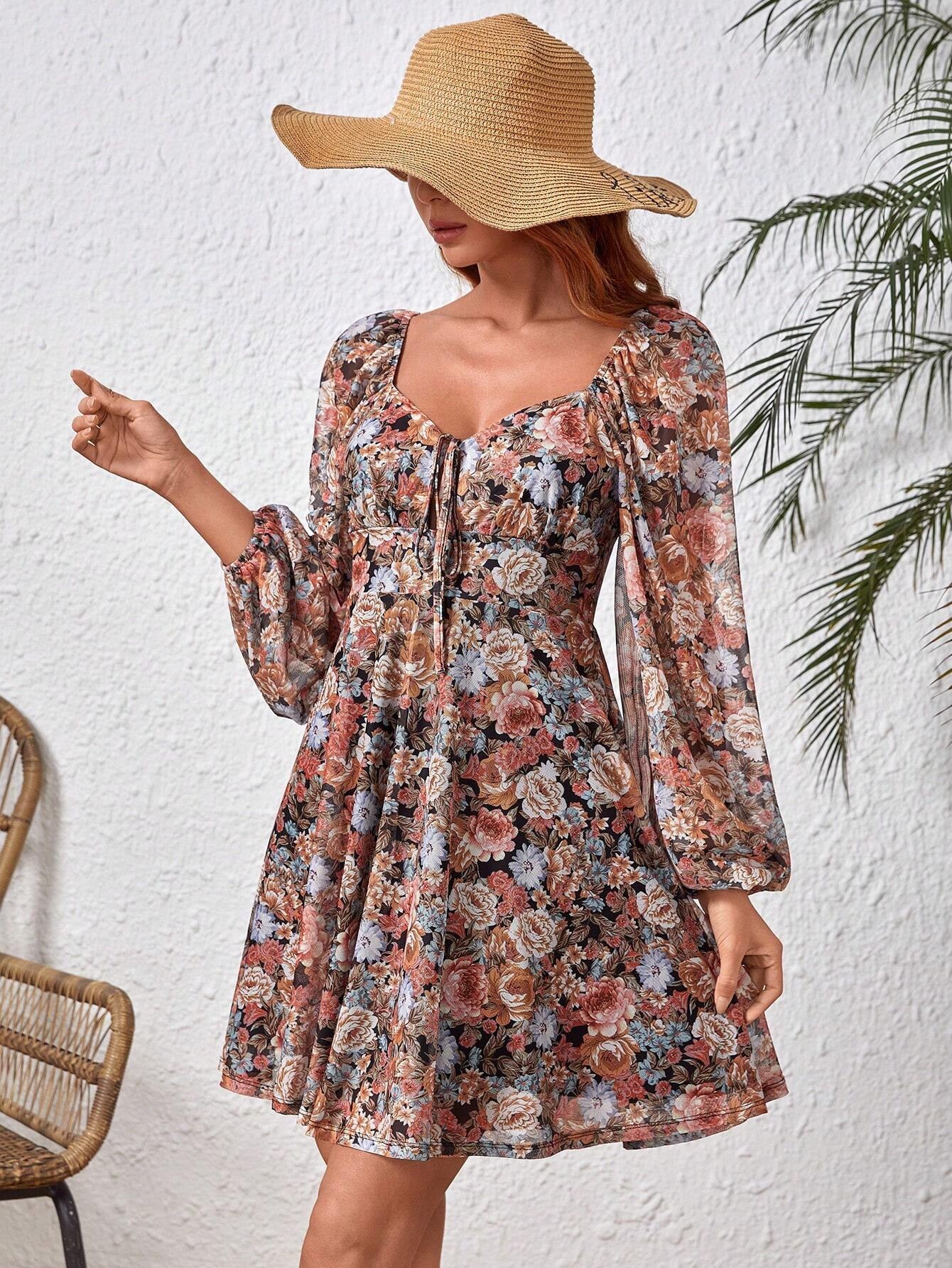 Women's Printed Puff Sleeve V-Neck Autumn Long Sleeve Dress 4