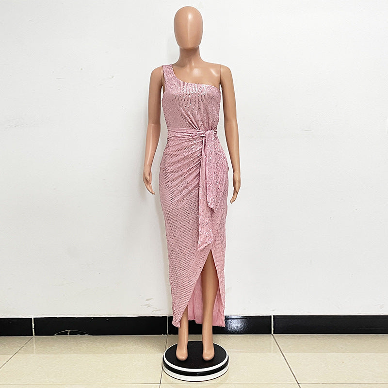 Women's One-Shoulder Lace-Up Sequined Evening Dress 46