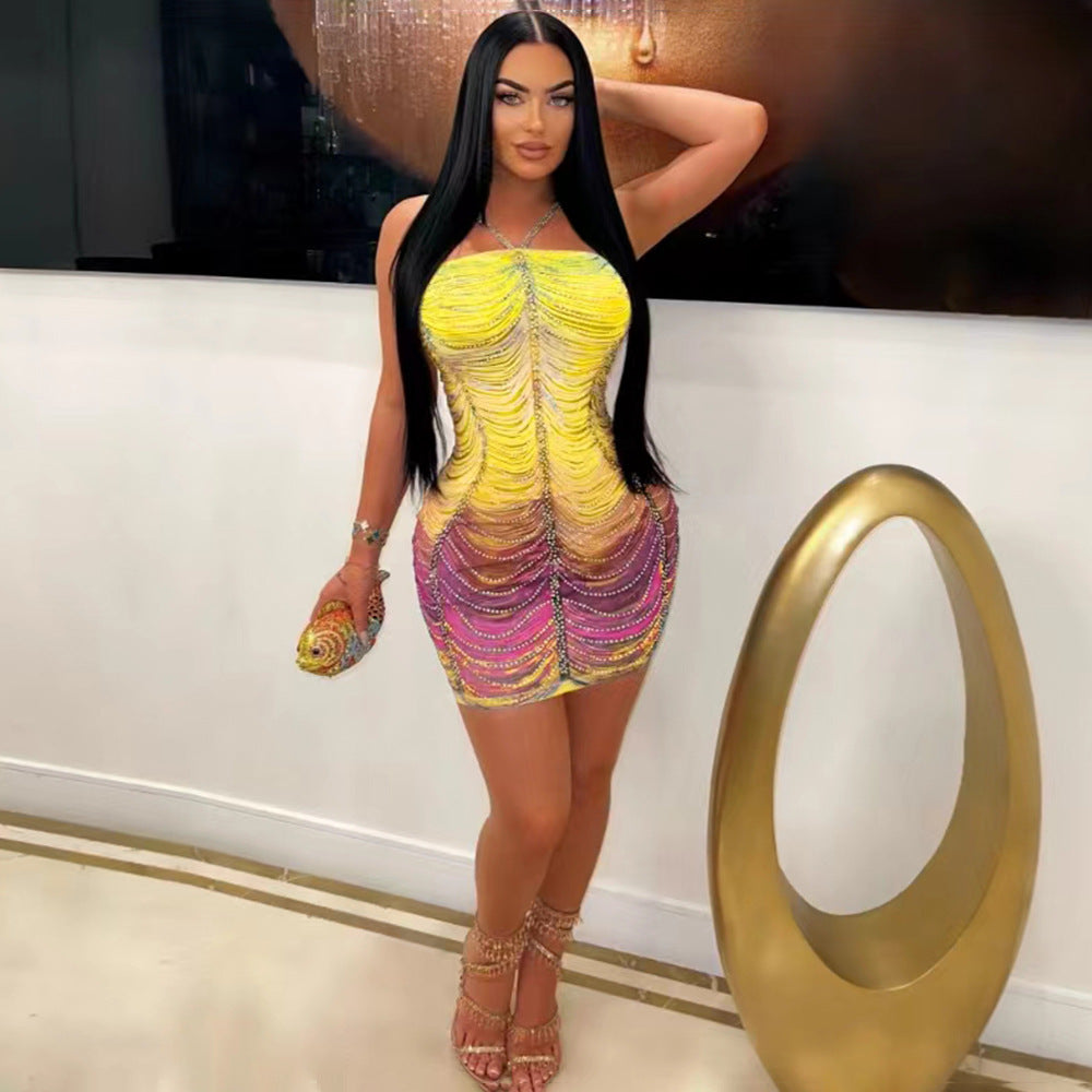 Sexy Straps Beaded Bodycon Slim Women Fashion Casual Party Dress 4