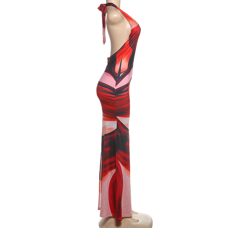 Fashionable and sexy contrasting print spring Halter Neck Lace-Up Low Back Bodycon dress for women 8