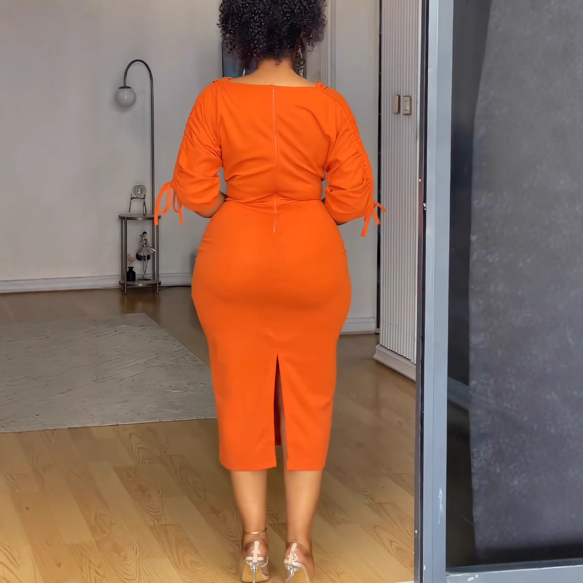 Women pleated split stretch bodycon dress