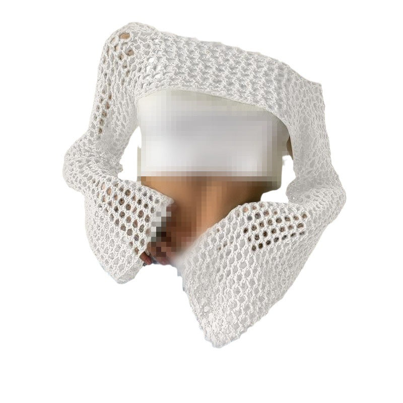 Sexy Hollow Knitting Shirt Solid Color Round Neck Long-Sleeved Cape Blouse 23