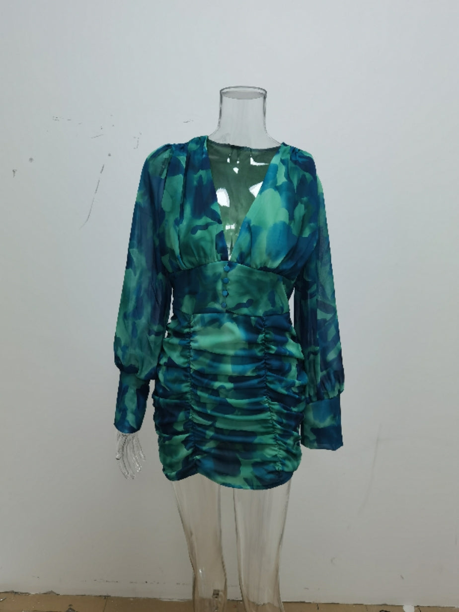 Women summer casual v-neck pleated dress 12