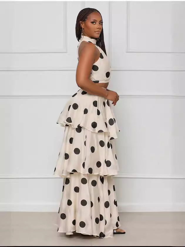 Women's Halter Neck Polka Dot High Waist Ruffle Fashion Skirt Set 5
