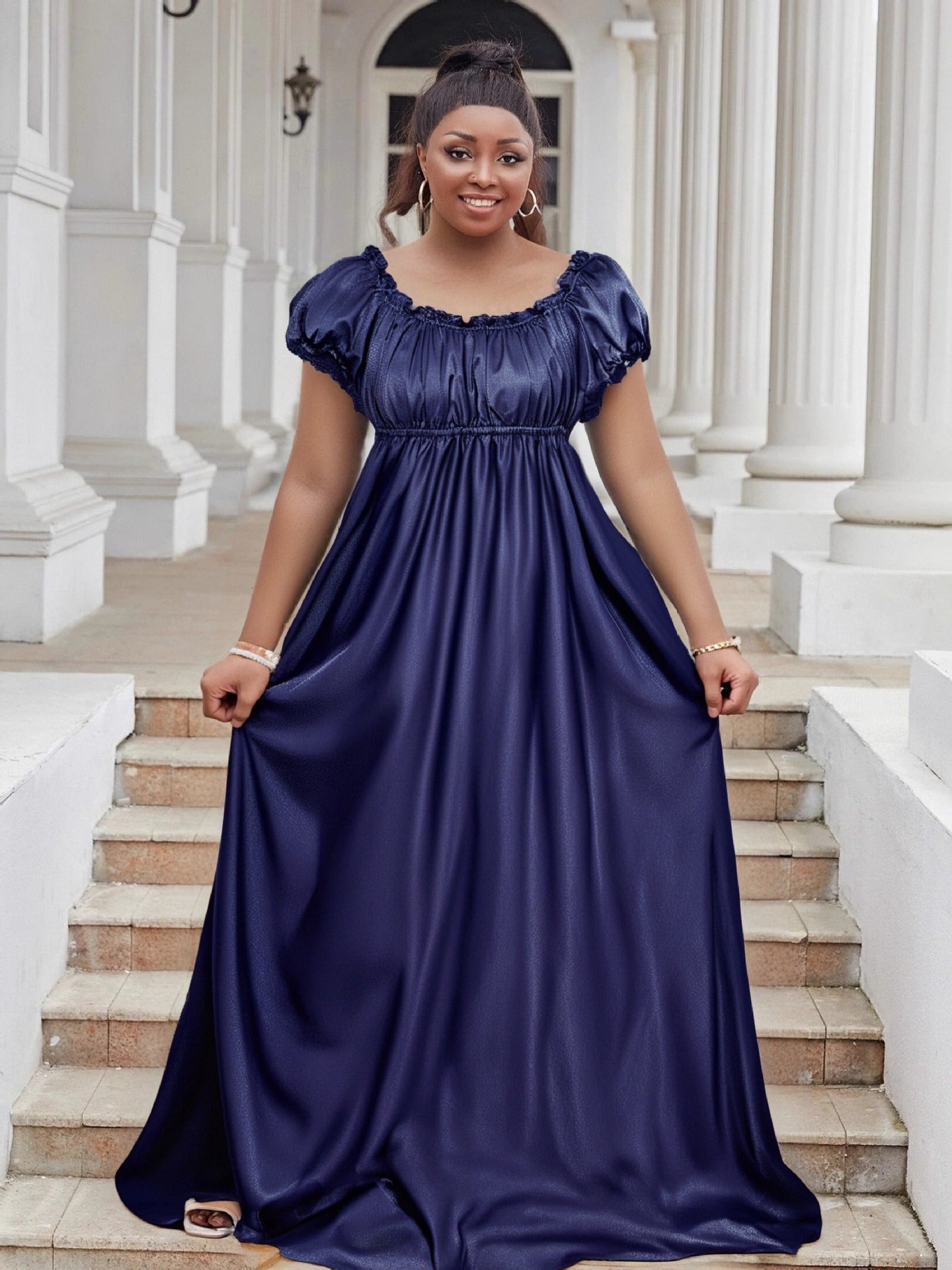 Luxury Off Shoulder Short Sleeve High Waist Maxi Dress Elegant Plus Size Evening Gown 5