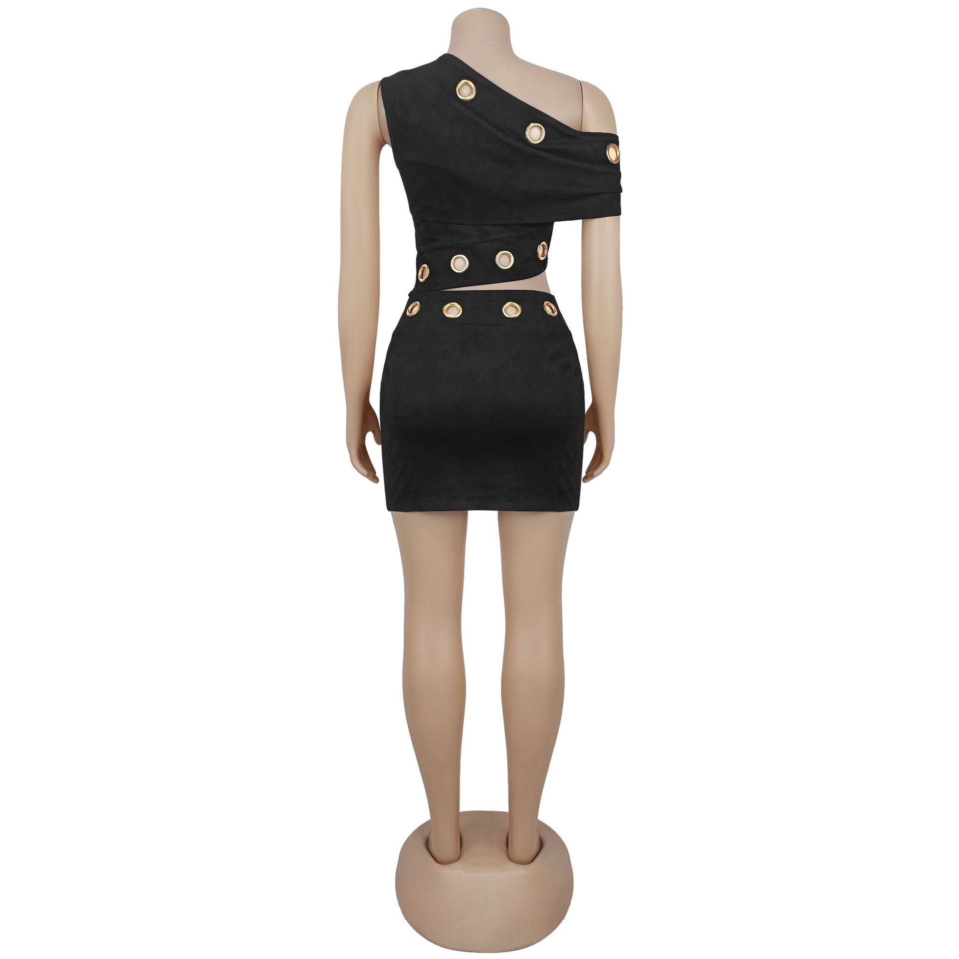 Fashion Women's Sexy Button Slash Shoulder Top Short Skirt Two-Piece Set 8