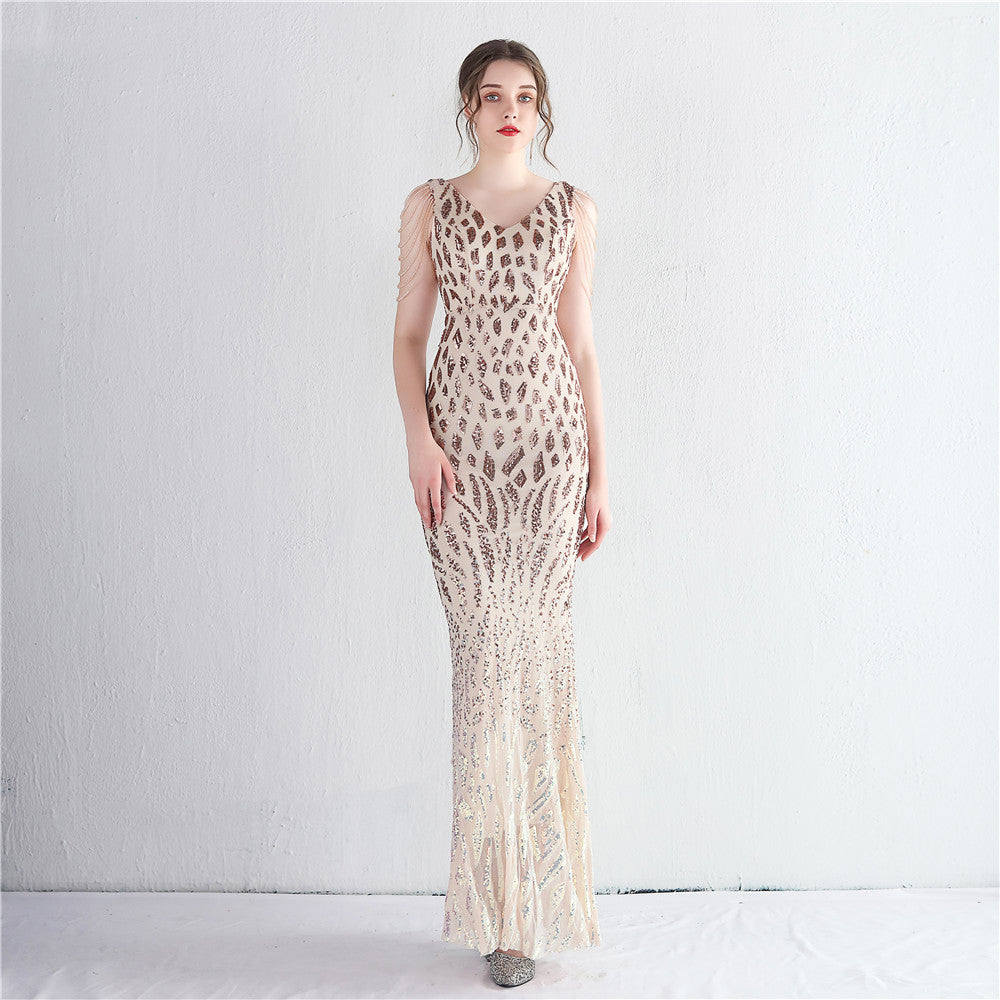 Women Sequin Beaded Slit Short Sleeve Sequin Long Fishtail Dress 3