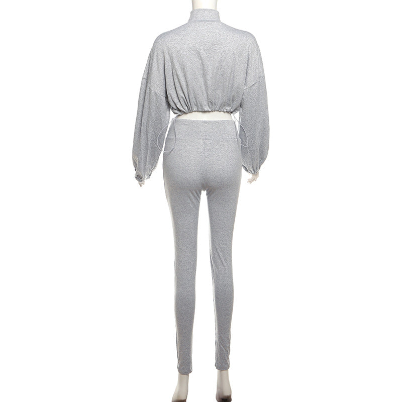 Spring And Autumn Sexy Drawstring Slim Waist Crop Top High Waist Tight Fitting Trousers Two Piece Set 20