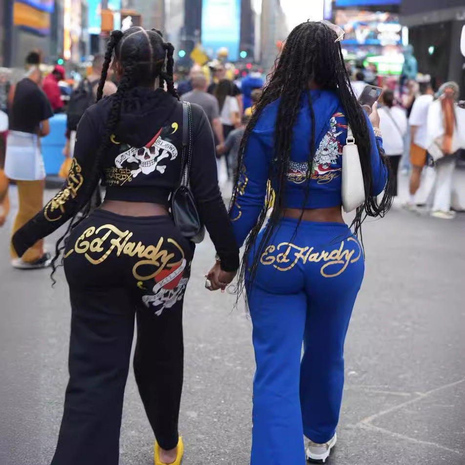 Fashionable street printed zipper short hoodies high waist straight trousers two piece set 8