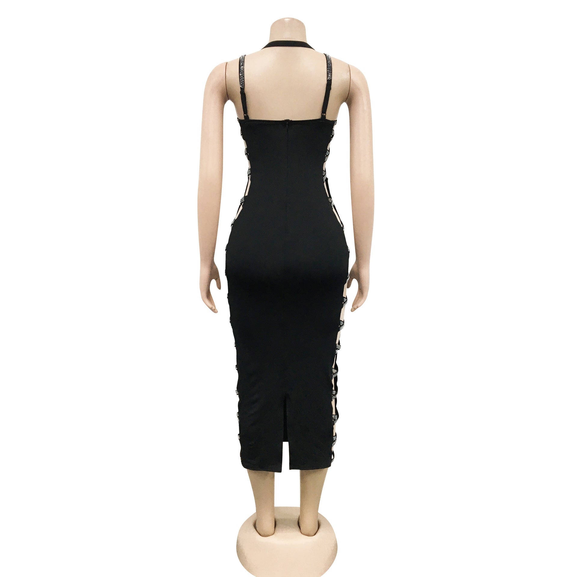 Solid color sexy suspenders hollow zipper long skirt slit dress women 16