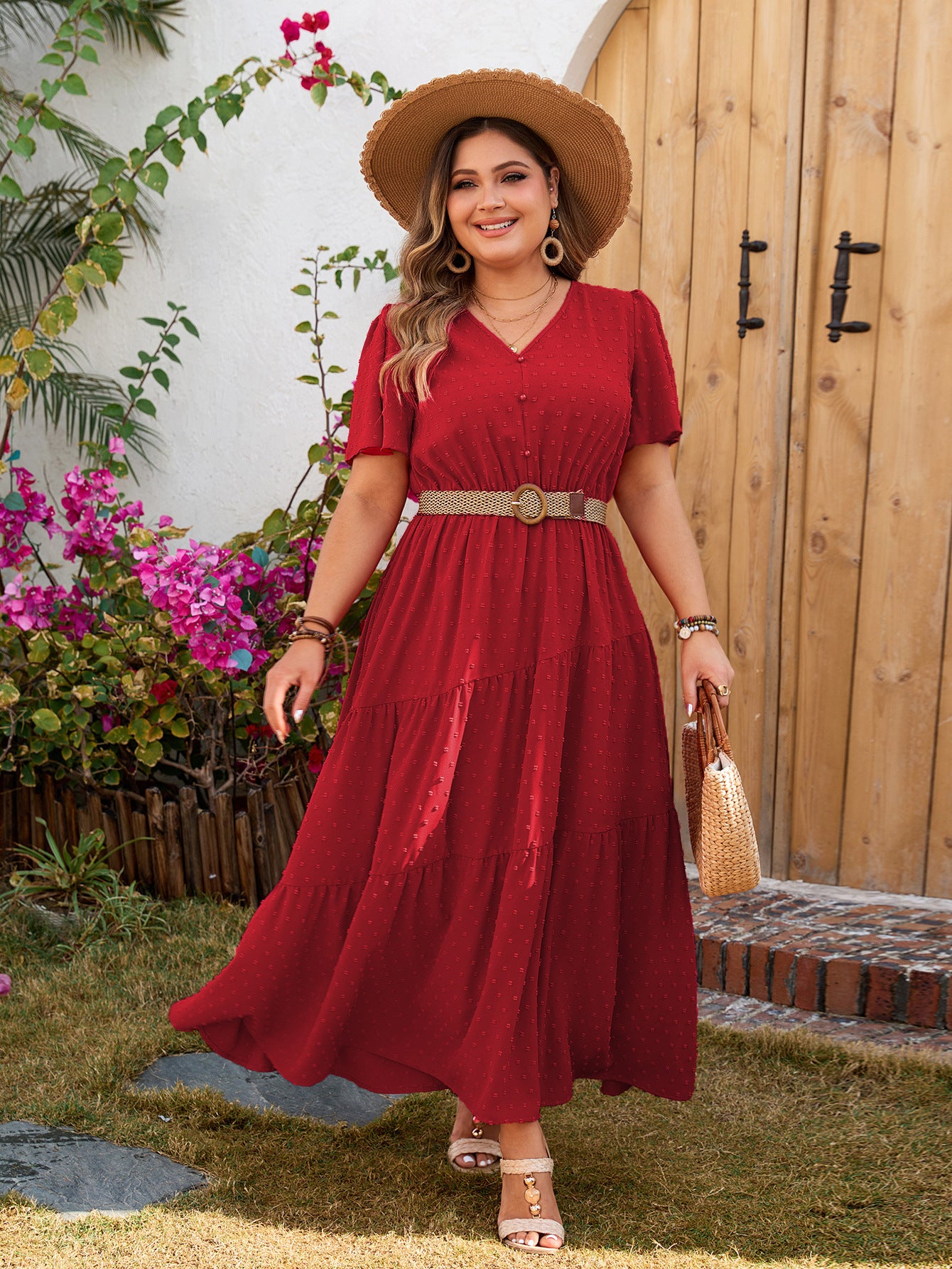 Plus Size Women solid short-sleeved v-neck dress 6